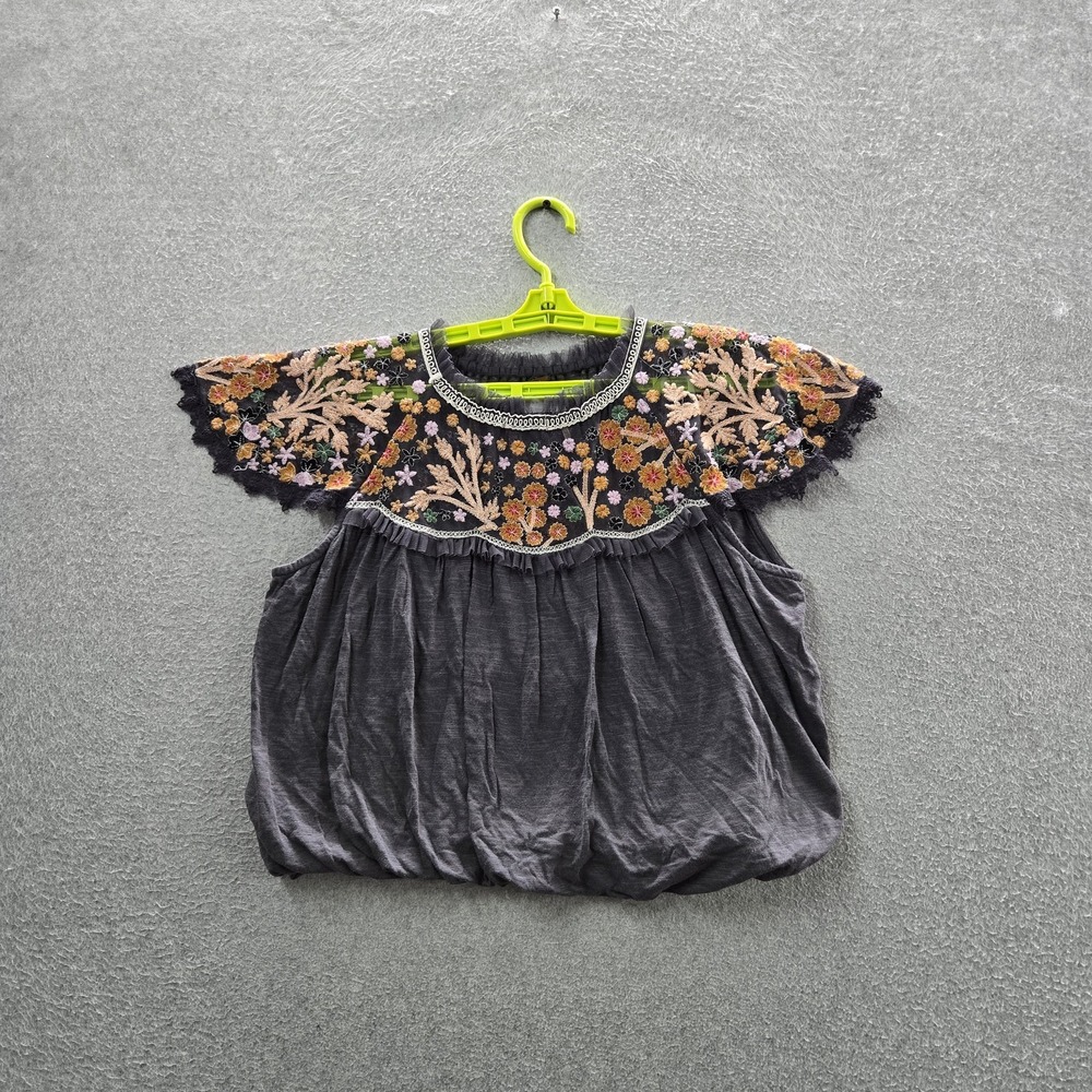 Free People Women Blouse XS Gray Linen Sundown Fairy Grunge Floral Boho Peasant